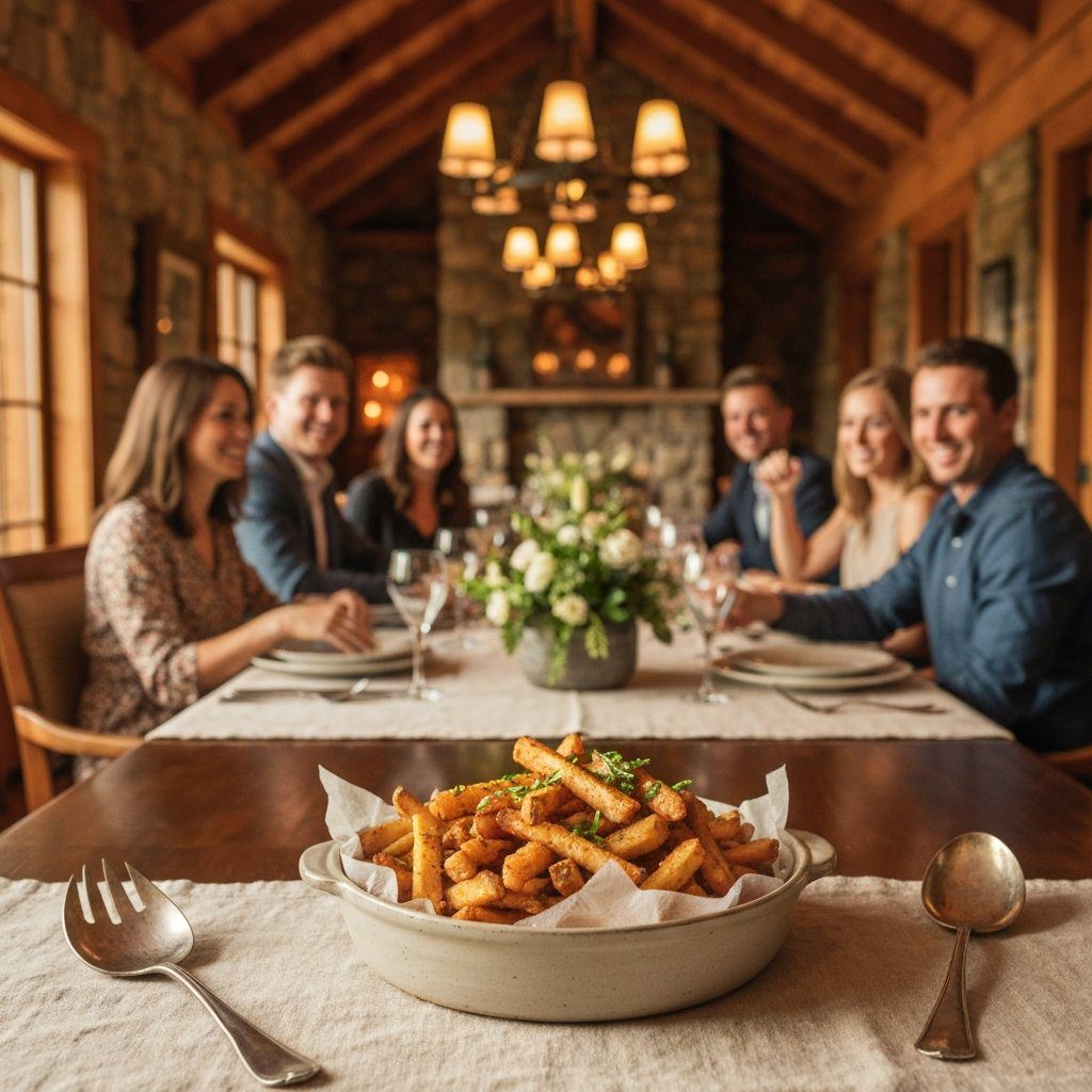 A gorgeous single-view lifestyle photo of freshly prepared Crispy Duck Fat Fries with Spiced Ketchup.