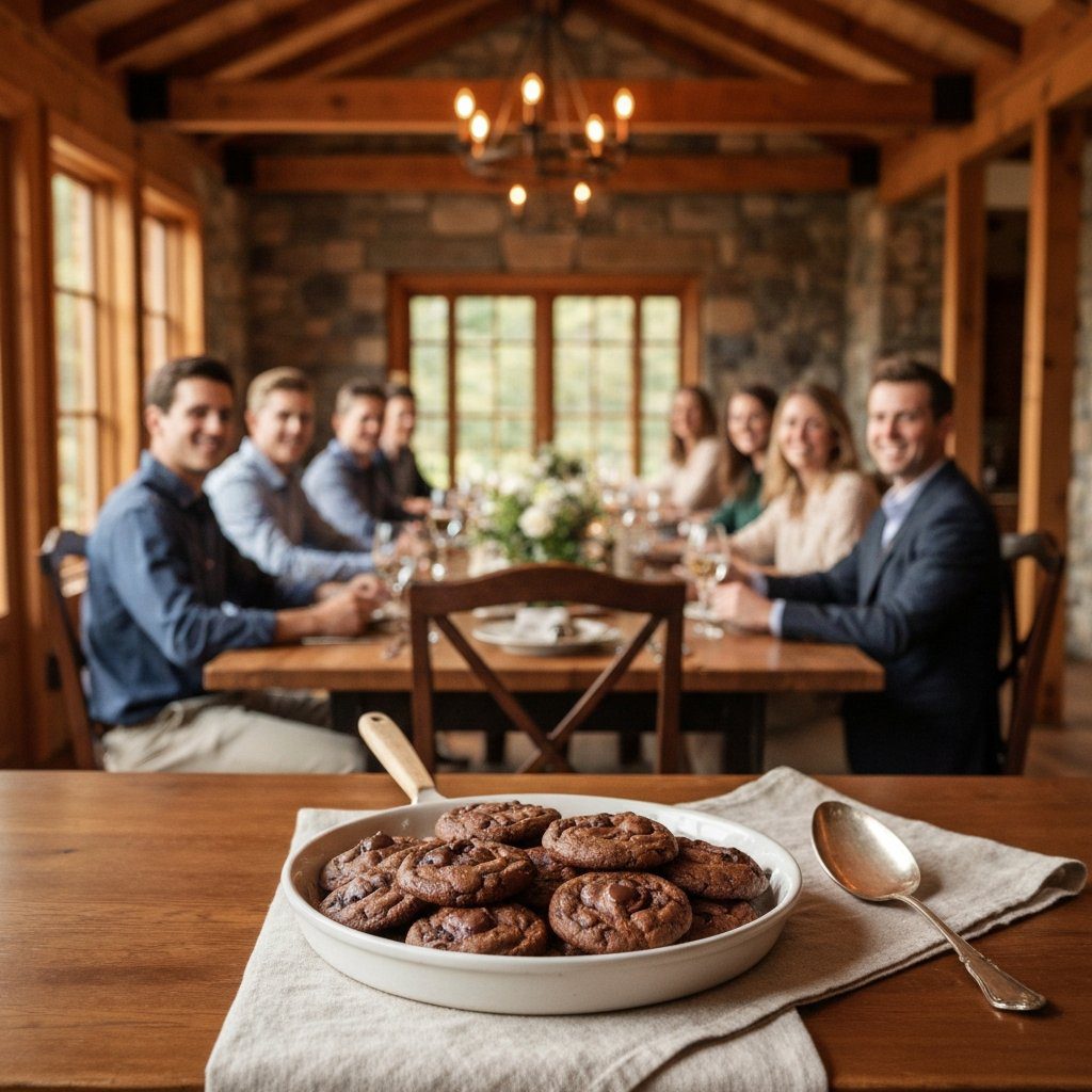 A gorgeous single-view lifestyle photo of freshly prepared Dark Cocoa and Espresso Chocolate Chip Cookies.