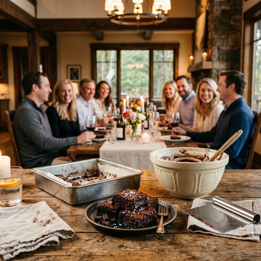 A 9x13-inch metal baking pan lined with parchment paper holding sliced brownies, a silver pastry server, and a small dish of sea salt in sharp focus in the foreground, with an elegant softly lit evening gathering blurred in the background