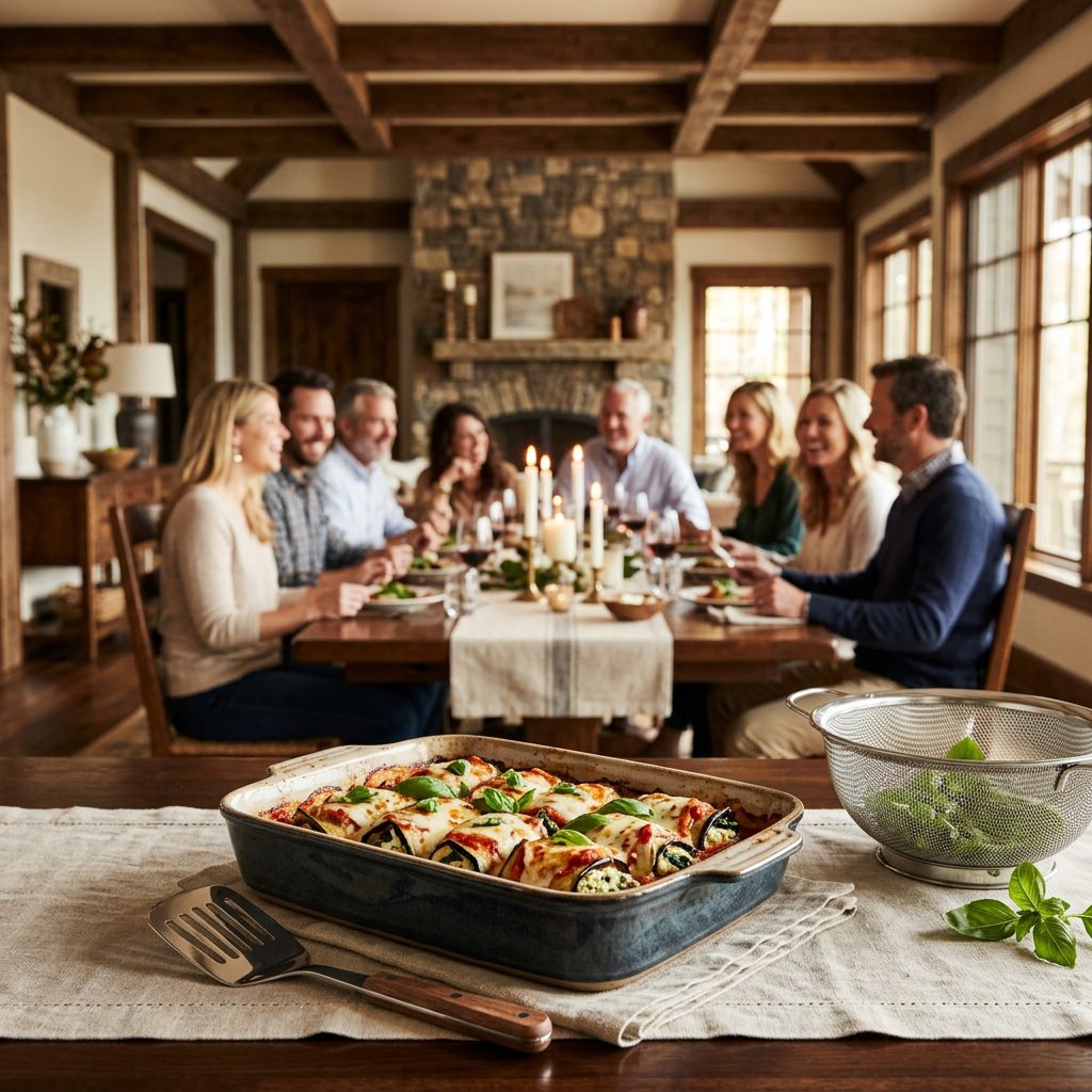 Guests gathered for an Italian dinner with ceramic baking dish and silver server in foreground