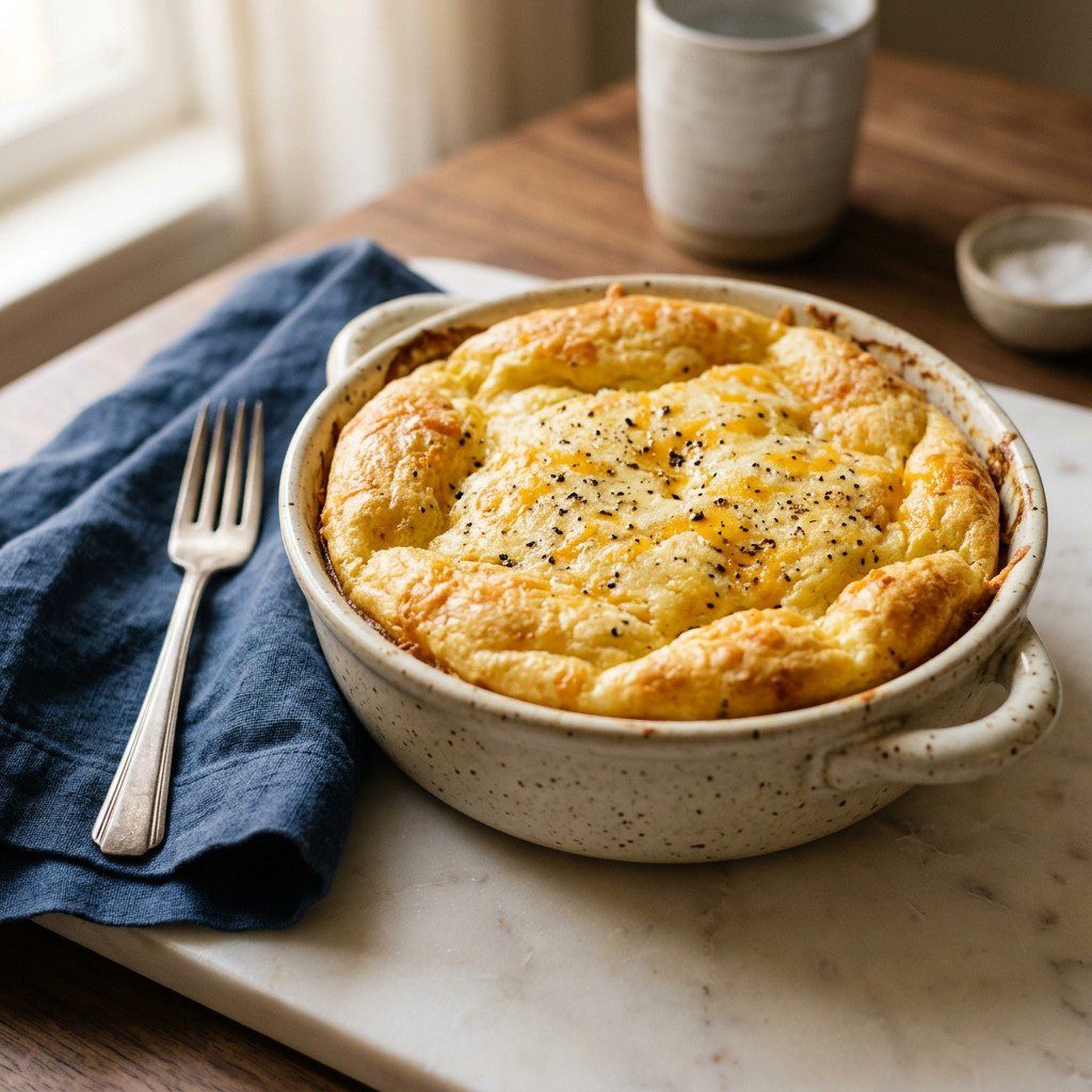 A golden, puffed egg and cheese breakfast casserole served on an estate brunch table with a full spread