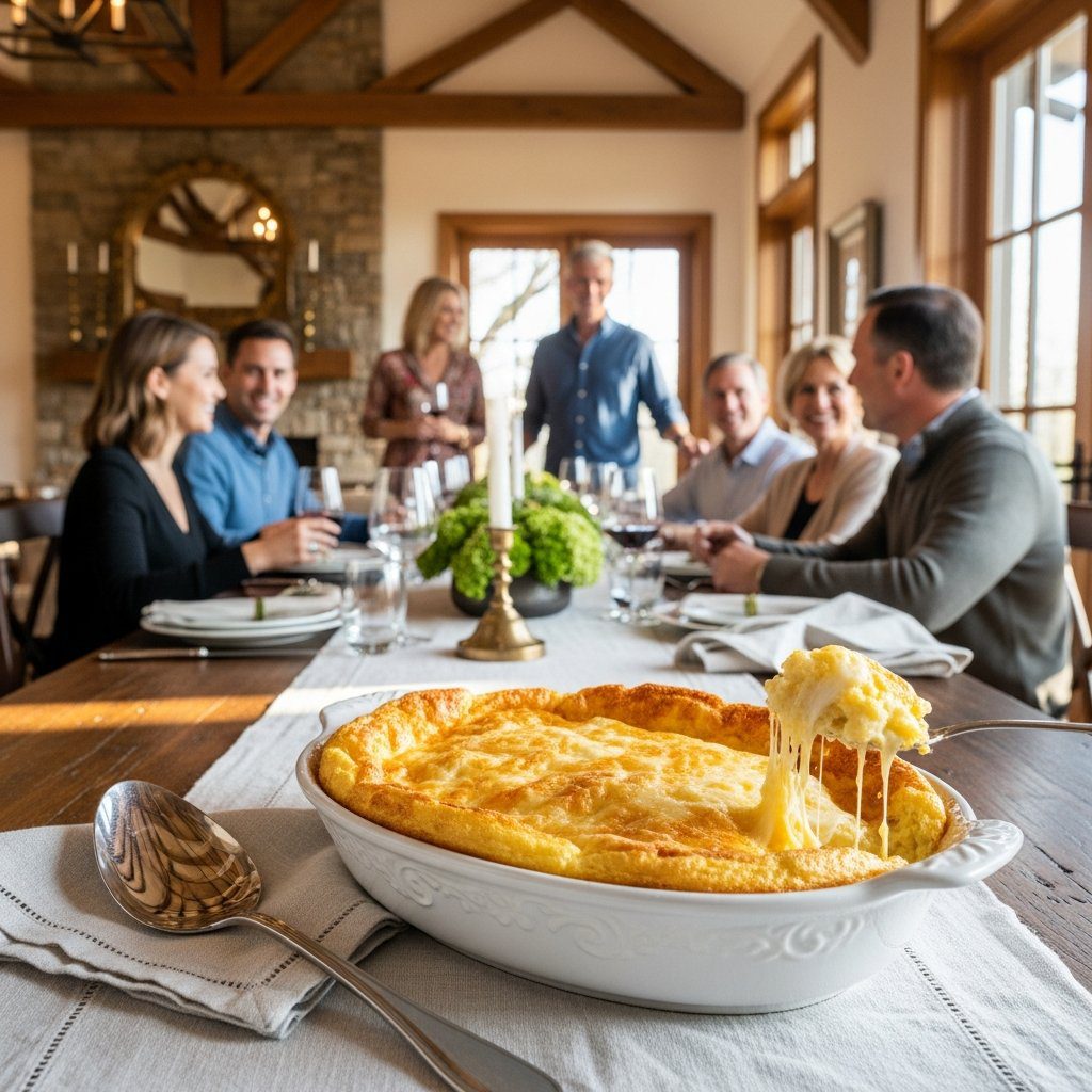 A gorgeous single-view lifestyle photo of freshly prepared Fluffy Egg & Cheese Casserole.