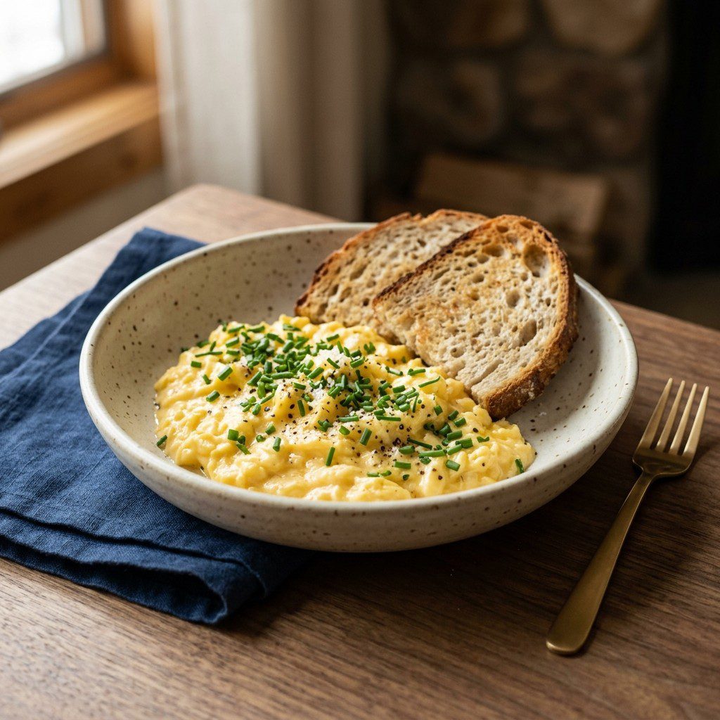 Silky French scrambled eggs spooned over toasted brioche with tomato and chives on an estate breakfast plate