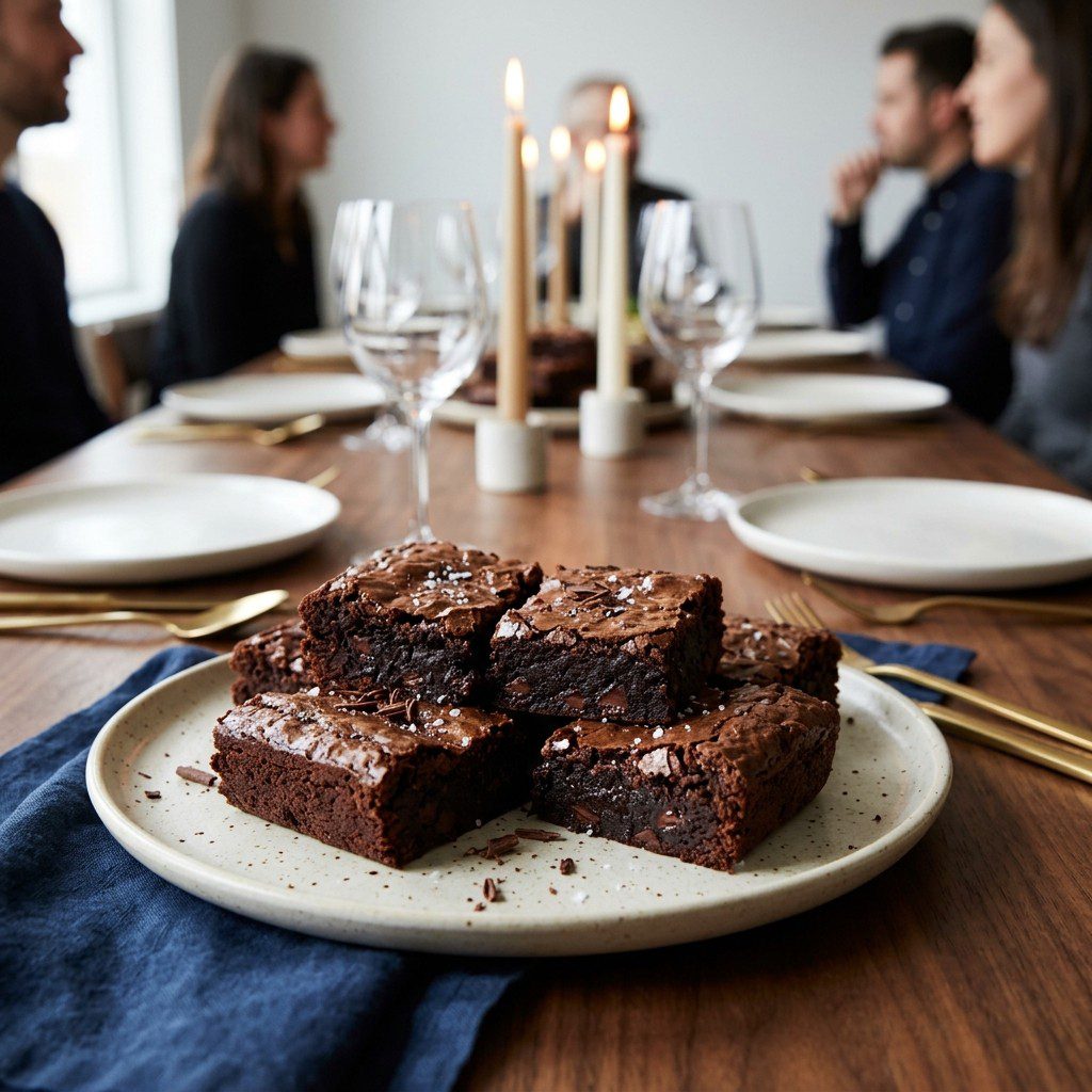 Fudgy Crema Dark Chocolate Brownies plated and served on an estate table