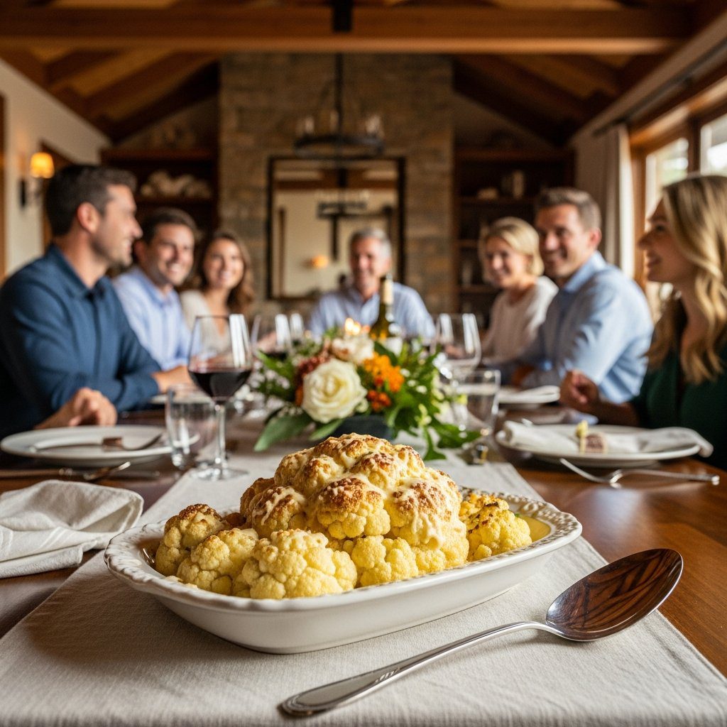 A gorgeous single-view lifestyle photo of freshly prepared Garlic-Roasted Cauliflower in Cheese Sauce.