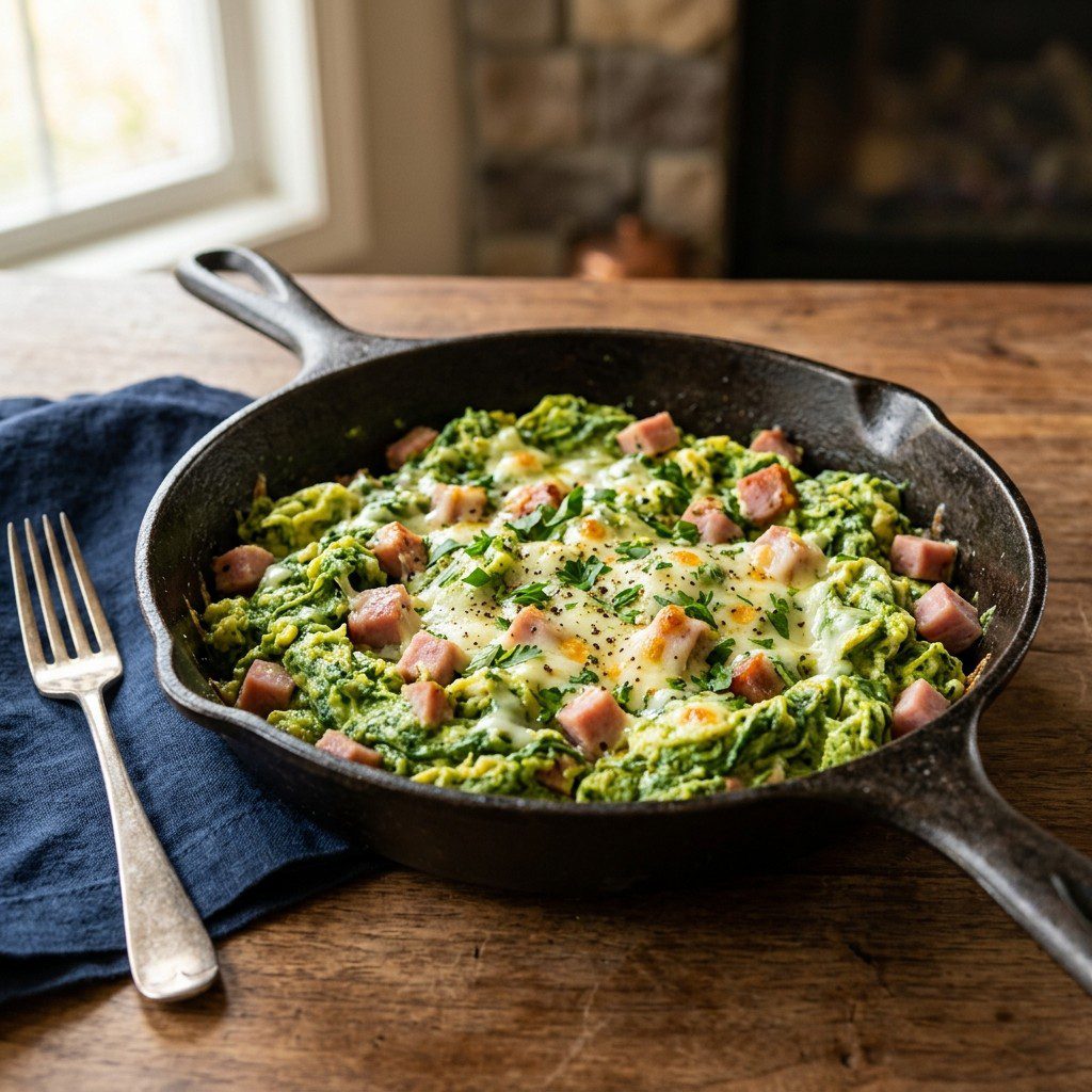 A gorgeous single-view lifestyle photo of freshly prepared Green Eggs and Ham Scramble.