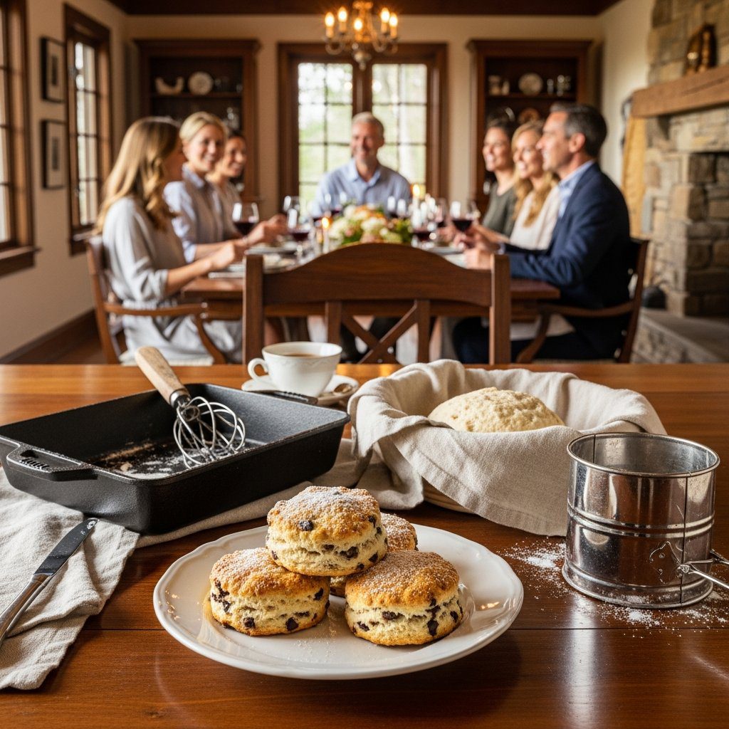 A gorgeous single-view lifestyle photo of freshly prepared Heavy Cream & Chocolate Chip Scones.