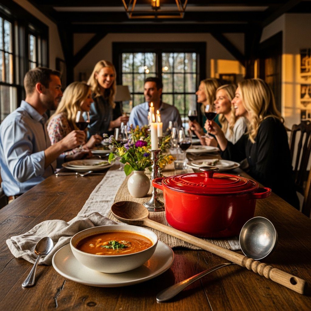 A gorgeous single-view lifestyle photo of freshly prepared Heirloom Tomato Soup.