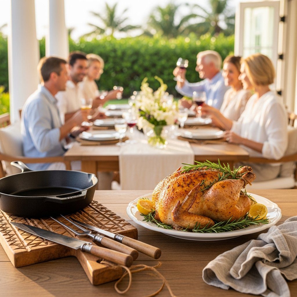 A gorgeous single-view lifestyle photo of freshly prepared Herb Roasted Whole Chicken.