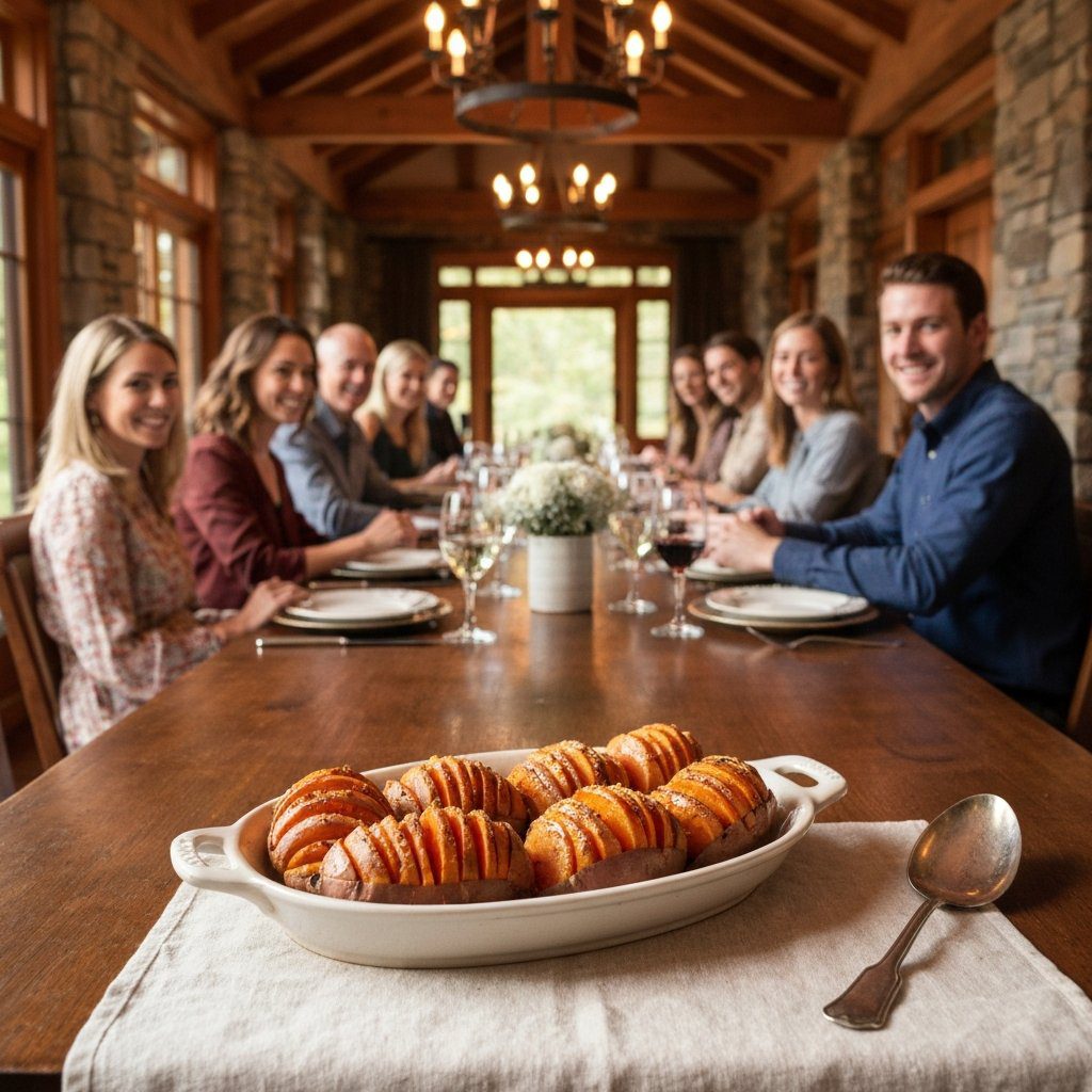 A gorgeous single-view lifestyle photo of freshly prepared Honey & Goat Cheese Hasselback Sweet Potatoes.