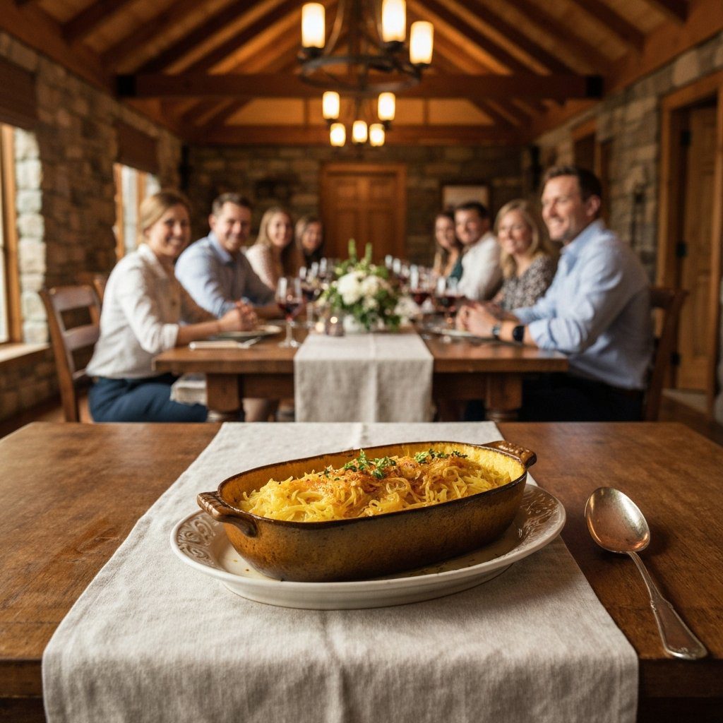 A gorgeous single-view lifestyle photo of freshly prepared Honey Roasted Spaghetti Squash.