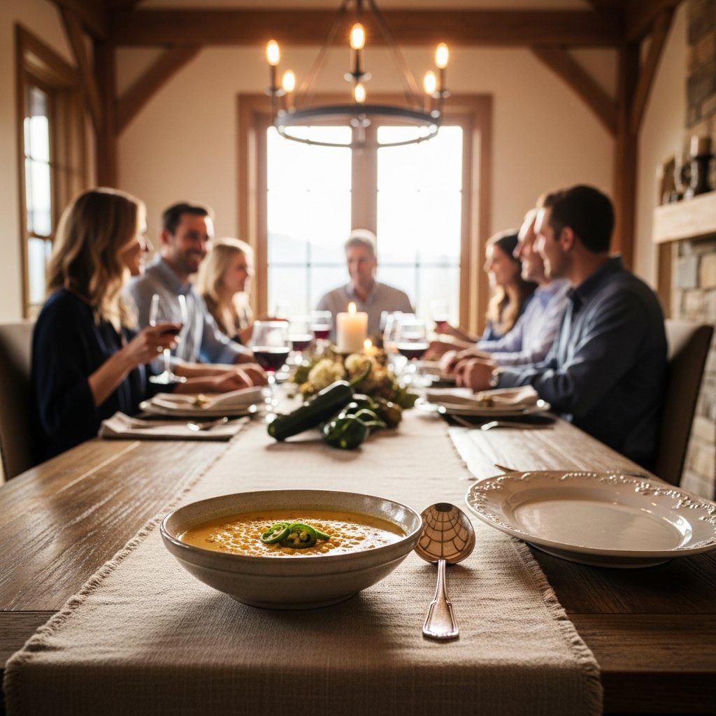 A gorgeous single-view lifestyle photo of freshly prepared Jalapeno Corn Bisque.