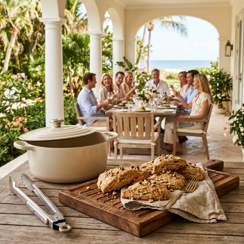 A heavy metal baking sheet holding glazed scones, a polished silver pastry spatula, and a small ceramic pitcher in sharp focus in the foreground, with an elegant softly lit morning gathering of four Caucasian couples blurred in the background