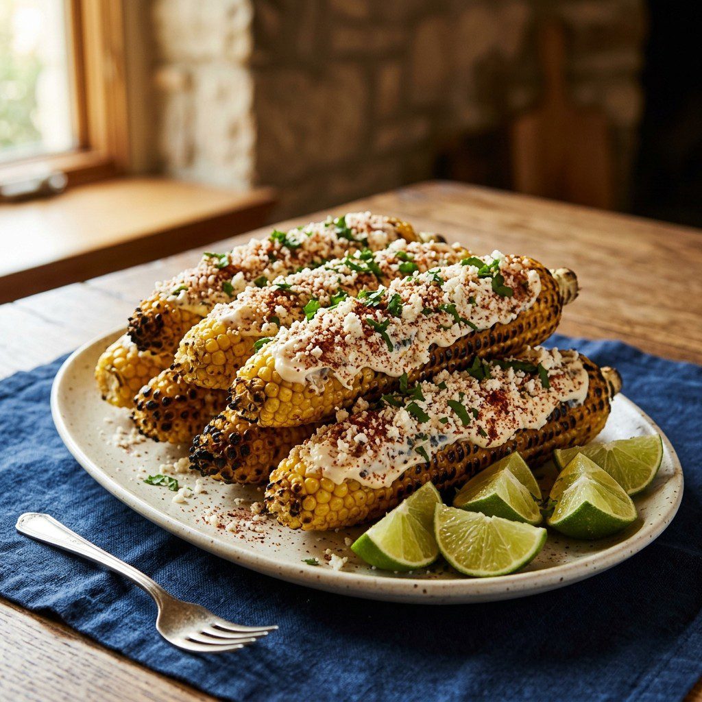A bowl of skillet Mexican street corn topped with cotija and cilantro on an estate table