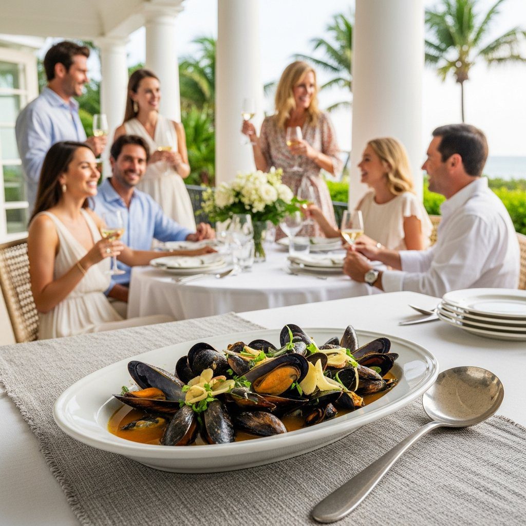 A gorgeous single-view lifestyle photo of freshly prepared Mussels in Ginger-Garlic Broth.