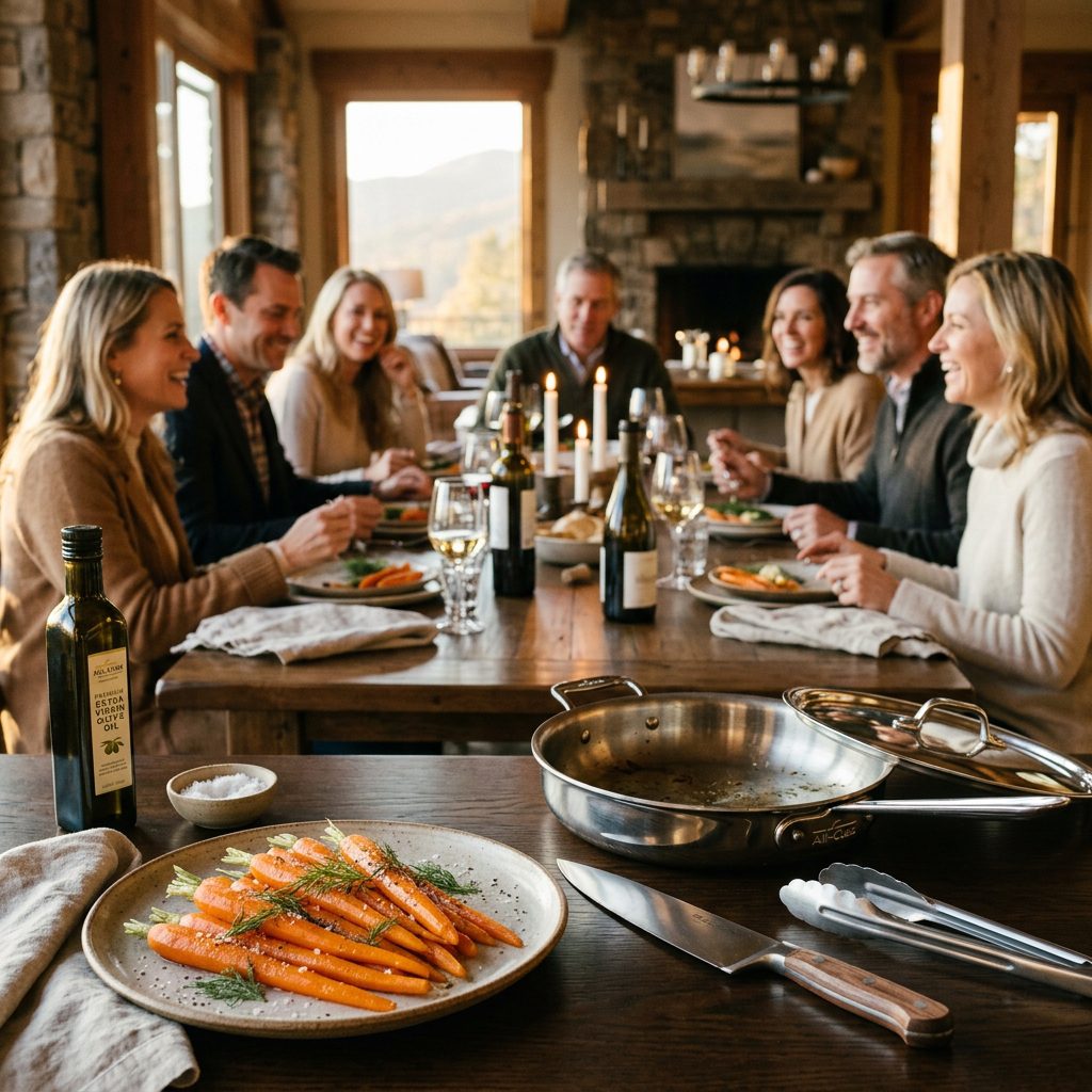 A heavy stainless steel skillet holding poached carrots and professional stainless steel serving tongs in sharp focus in the foreground, with an elegant softly lit dining room gathering of four Caucasian couples blurred in the background
