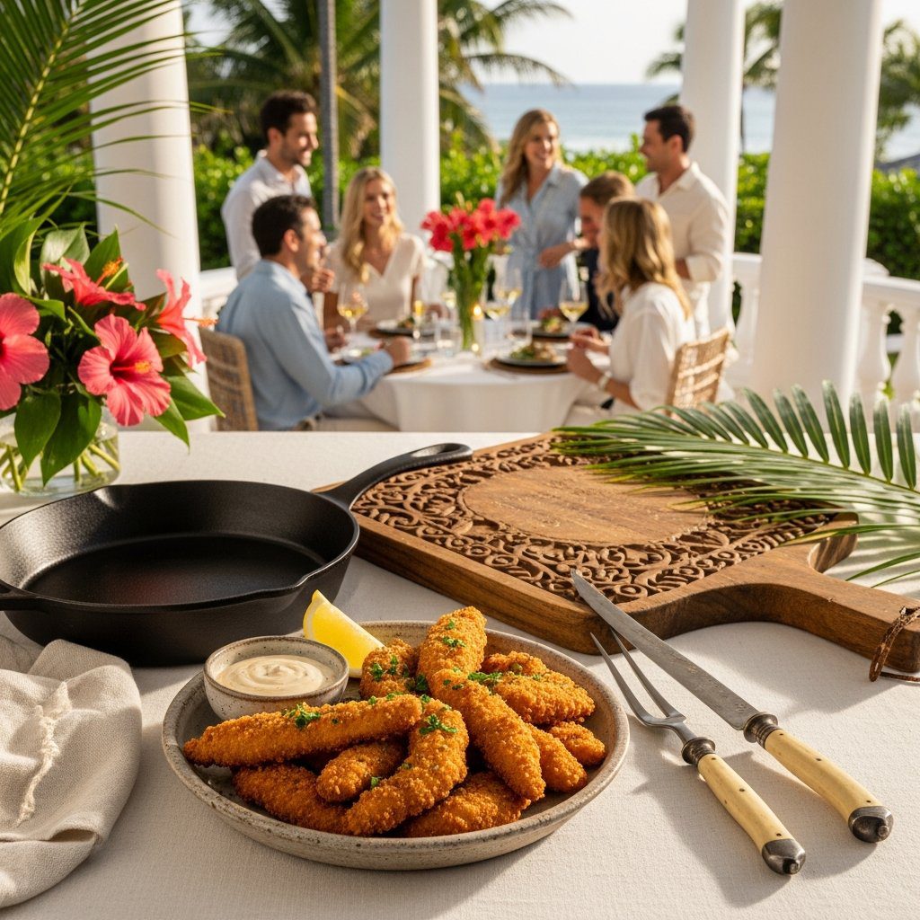 A gorgeous single-view lifestyle photo of freshly prepared Parmesan Panko Chicken Fingers.