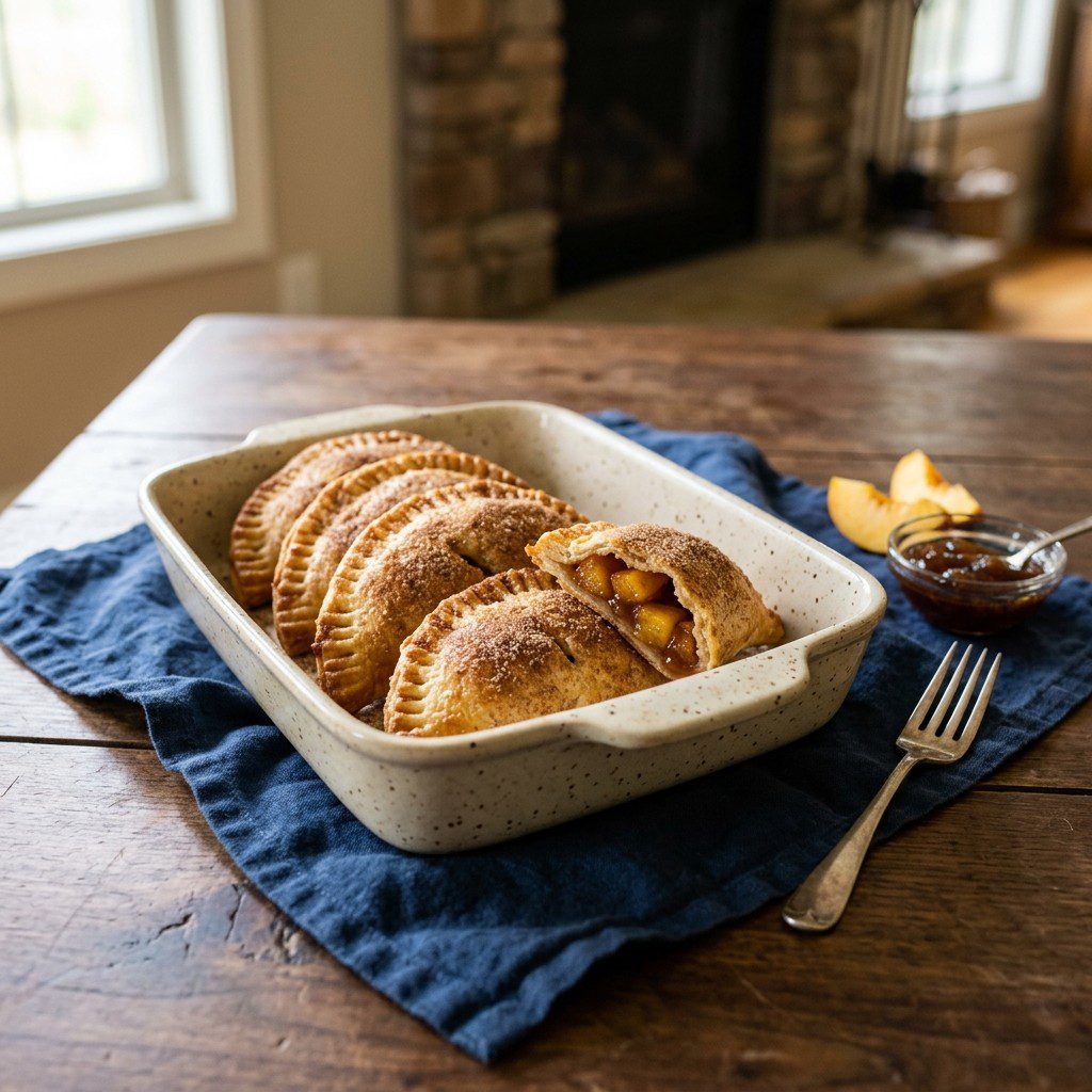 Peach Empanadas with Bourbon Preserves plated and served on an estate table