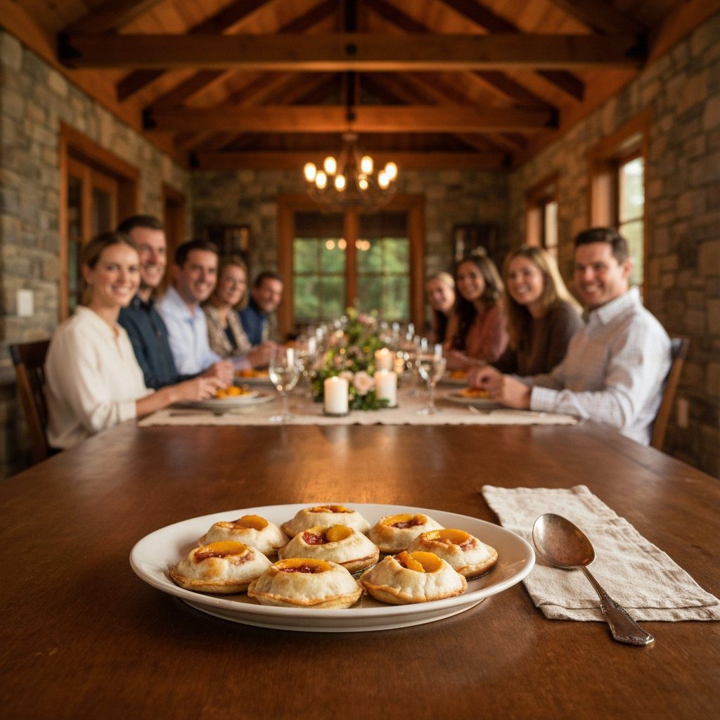 A gorgeous single-view lifestyle photo of freshly prepared Peach Empanadas with Bourbon Preserves.