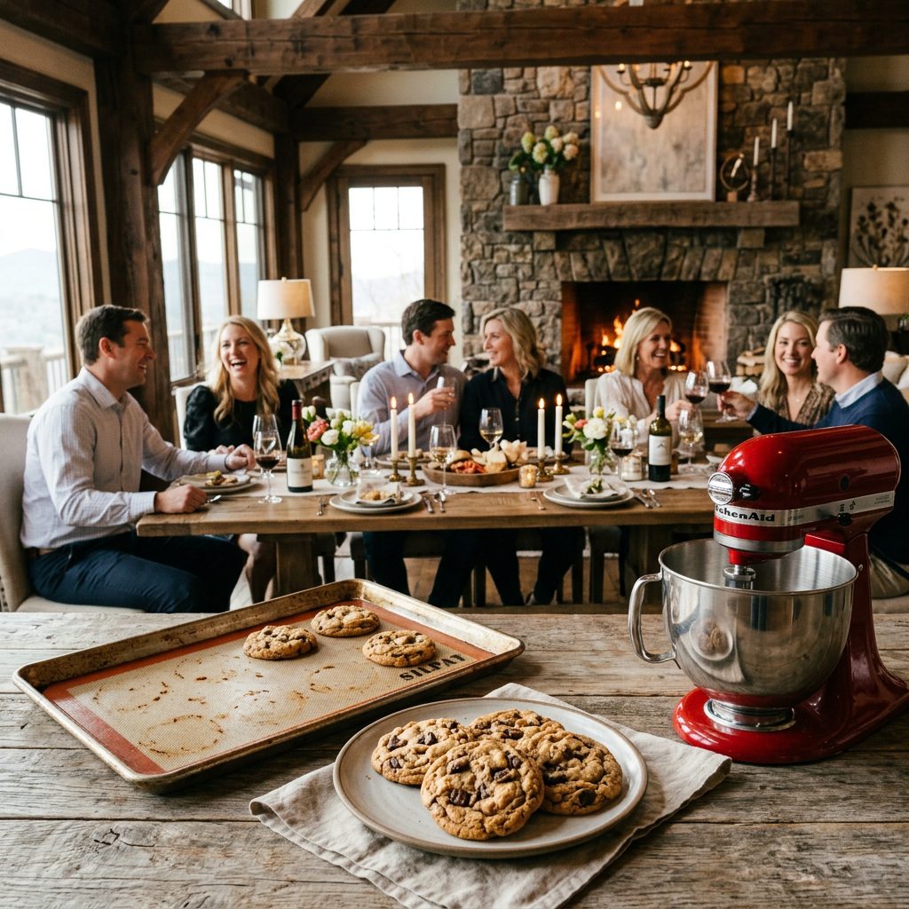 A heavy metal baking sheet lined with a Silpat mat holding warm cookies, a silver pastry spatula, and a wire cooling rack in sharp focus, with an elegant softly lit evening dining room gathering of four Caucasian couples blurred in the background