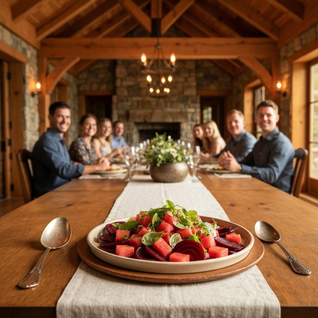 A gorgeous single-view lifestyle photo of freshly prepared Pickled Beet & Watermelon Carpaccio.