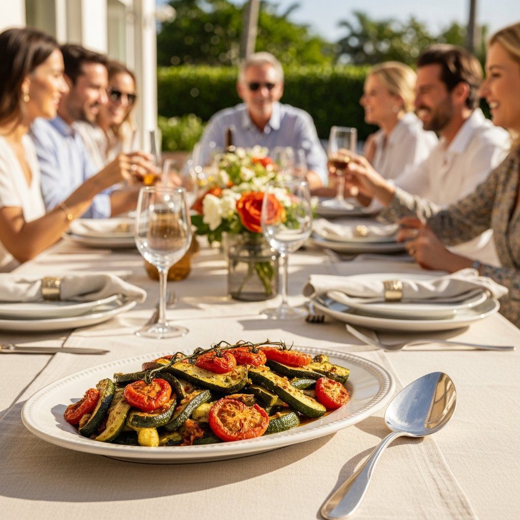 A gorgeous single-view lifestyle photo of freshly prepared Poached Zucchini & Roasted Tomatoes.