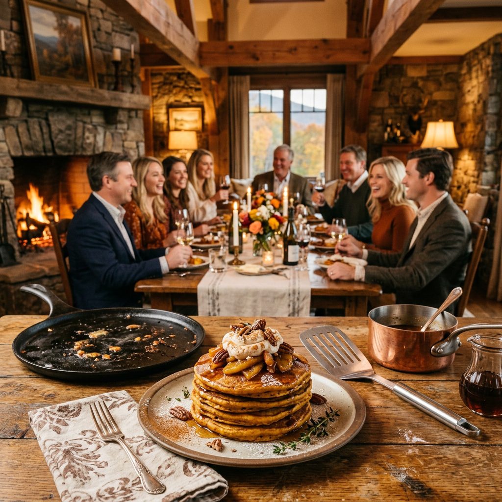 Quiet morning estate breakfast for eight featuring stacks of pumpkin griddle cakes and fresh morning light
