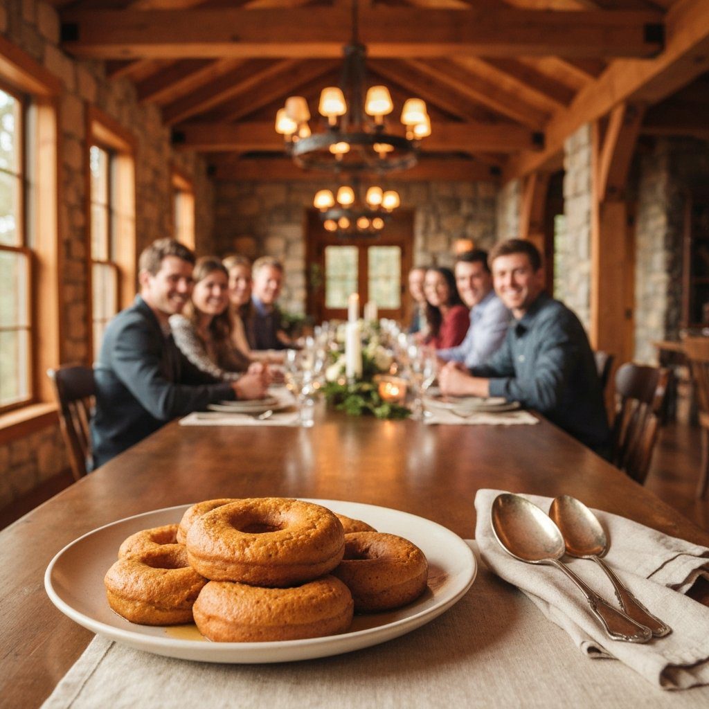 A gorgeous single-view lifestyle photo of freshly prepared Pumpkin-Spiced Donuts & Maple Glaze.