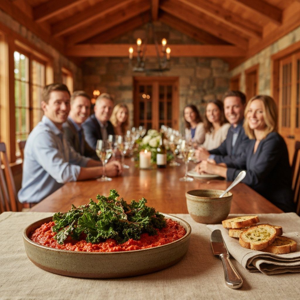 A gorgeous single-view lifestyle photo of freshly prepared Roasted Red Pepper Spread & Baked Kale Chips.