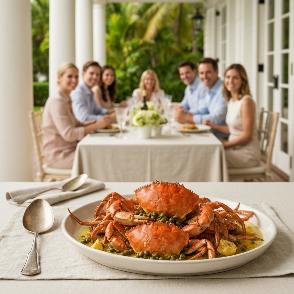 A gorgeous single-view lifestyle photo of freshly prepared Sautéed Soft Shell Crabs with Caper Butter.