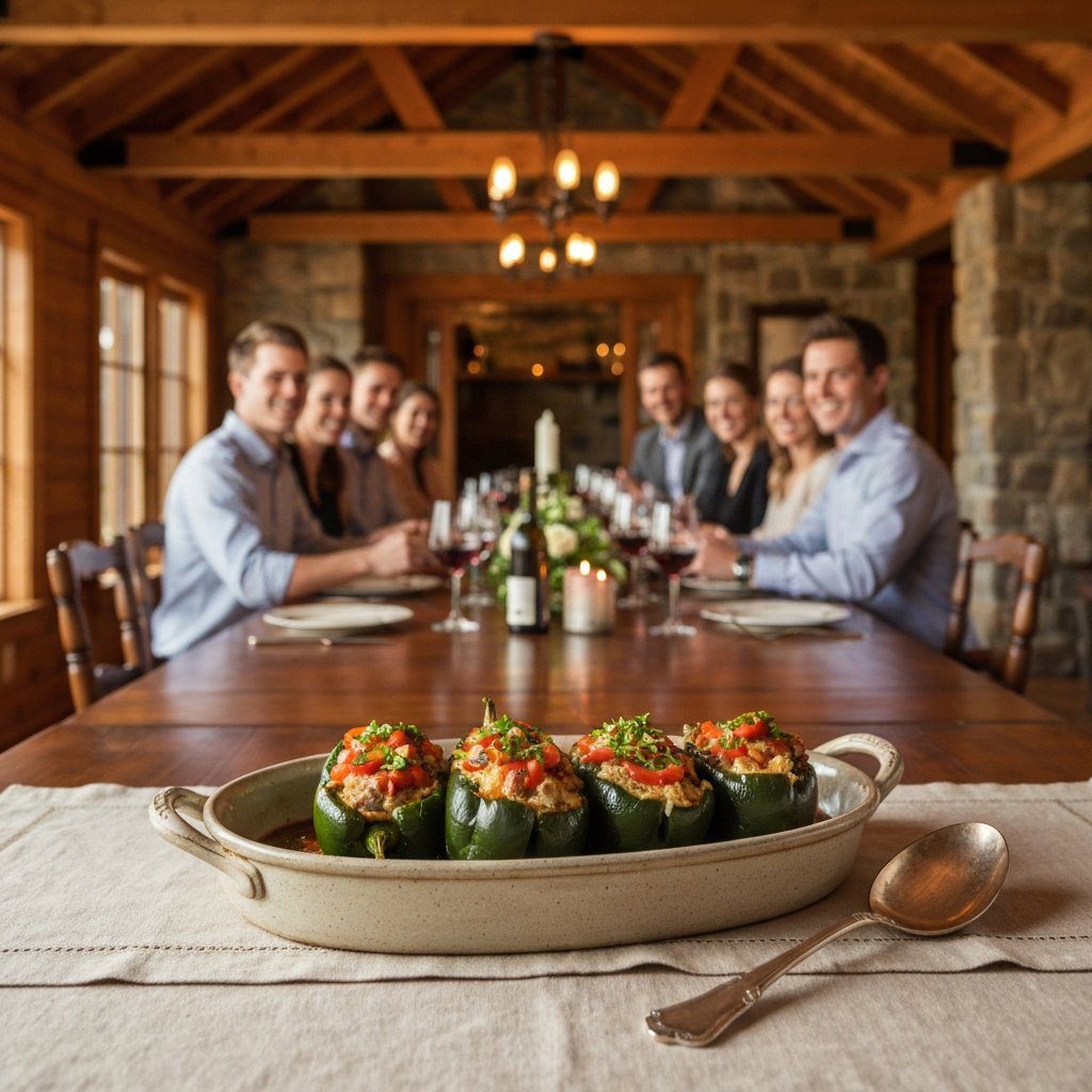 A gorgeous single-view lifestyle photo of freshly prepared Short Rib Stuffed Poblano Peppers.