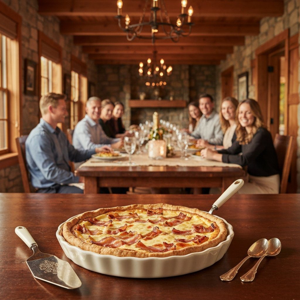 A gorgeous single-view lifestyle photo of freshly prepared Smoked Fontina & Bacon Tart.