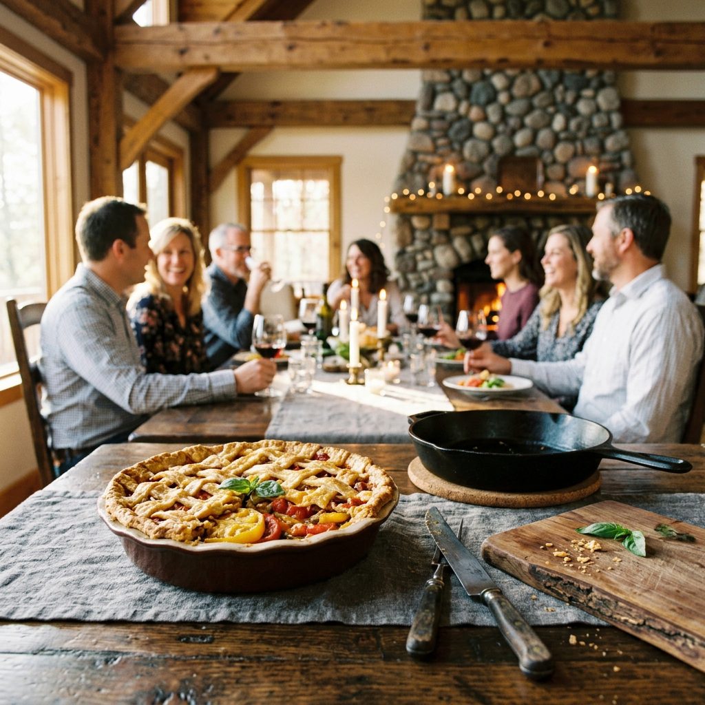 Outdoor evening gathering with a silver pie server and ceramic dish in the foreground