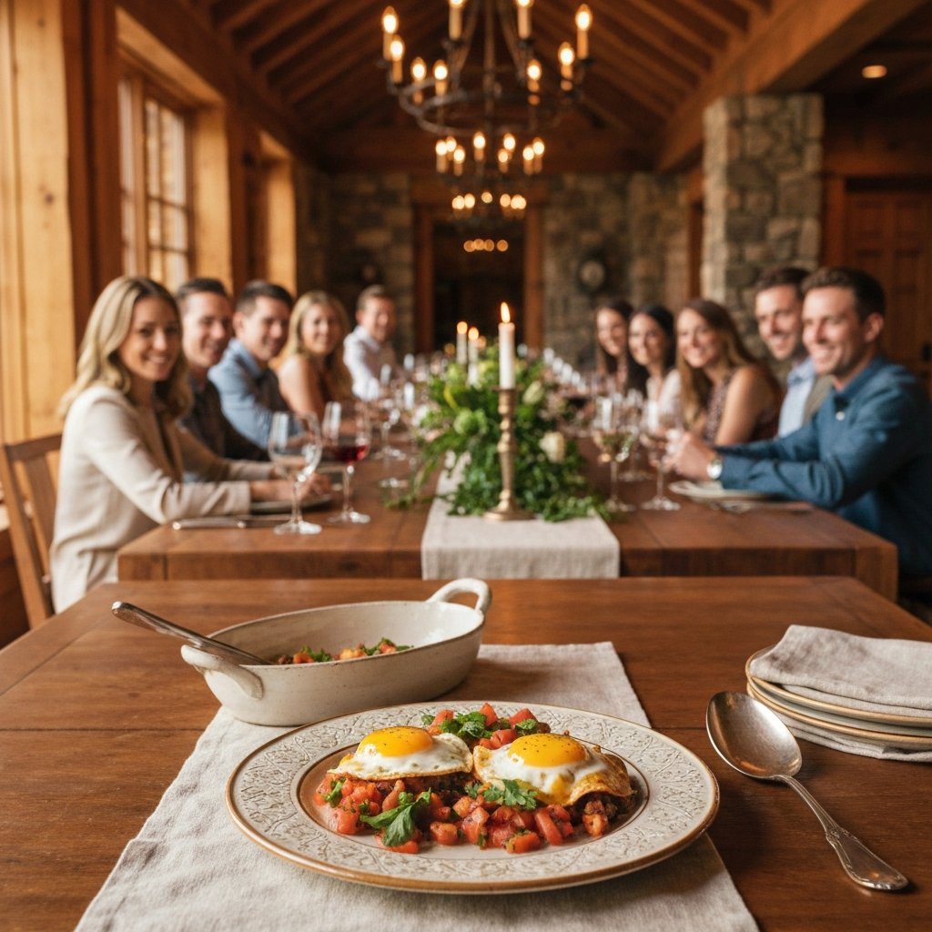 A gorgeous single-view lifestyle photo of freshly prepared Southern Huevos Rancheros.