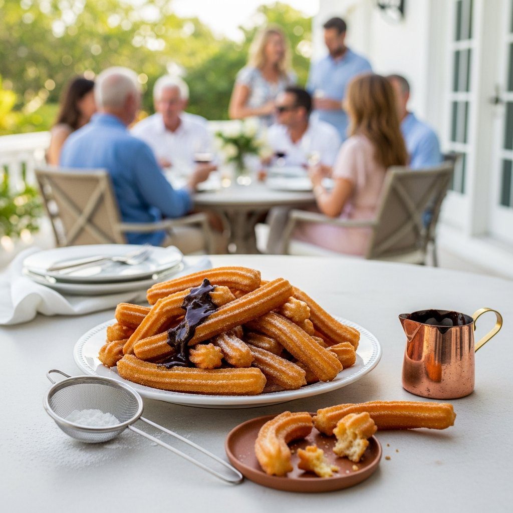 A gorgeous single-view lifestyle photo of freshly prepared Spanish Churros & Chocolate Sauce.