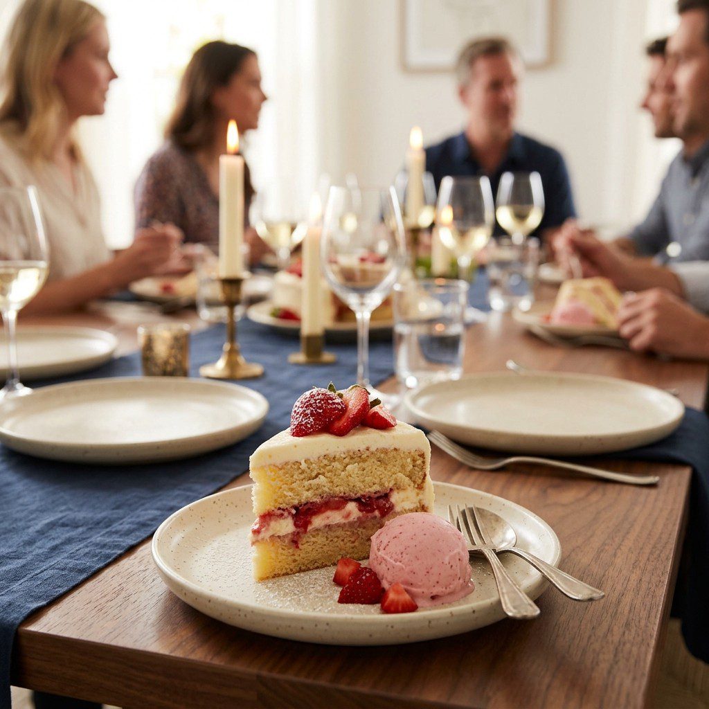 Strawberry Fields Layer Cake & Ice Cream plated and served on an estate table