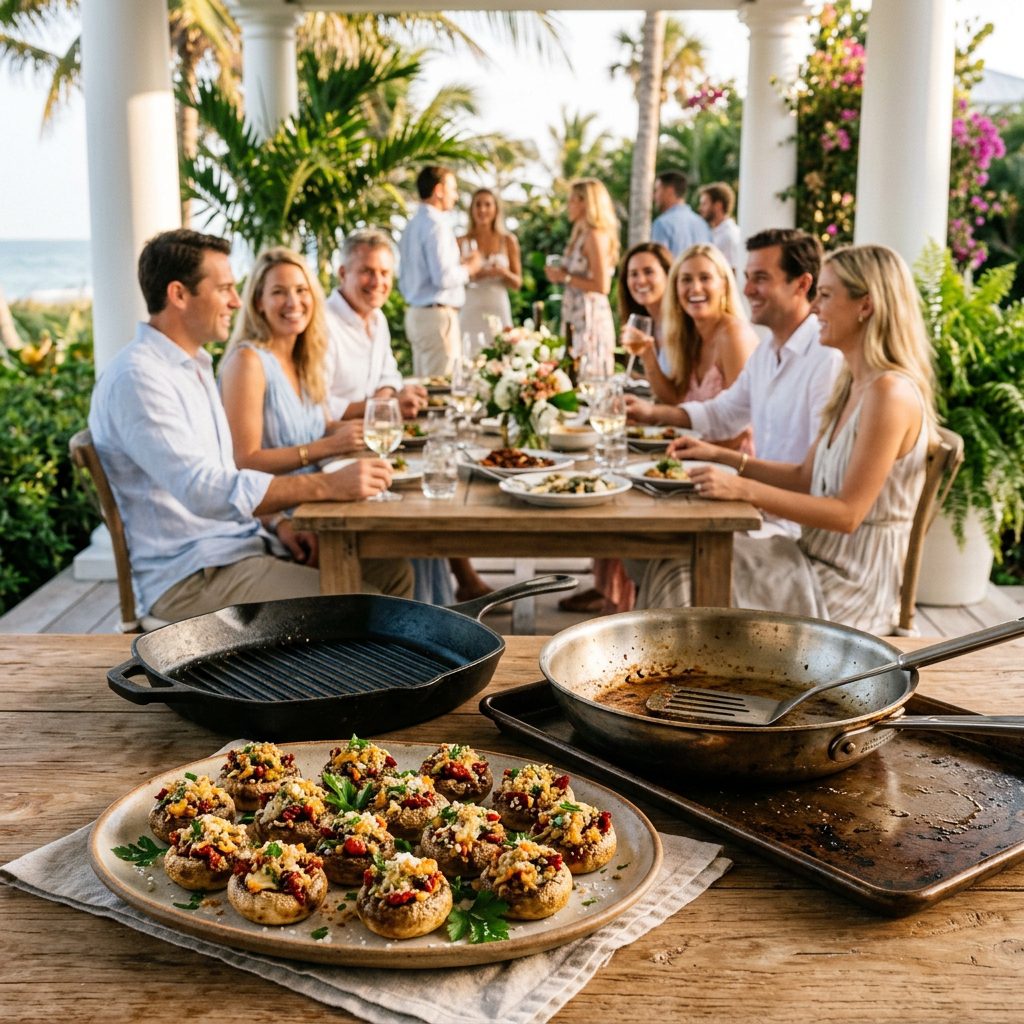 A heavy cast-iron grill pan, silver serving spatula, and toasted Panko breadcrumbs in sharp focus in the foreground, with an elegant evening gathering of four couples blurred in the background