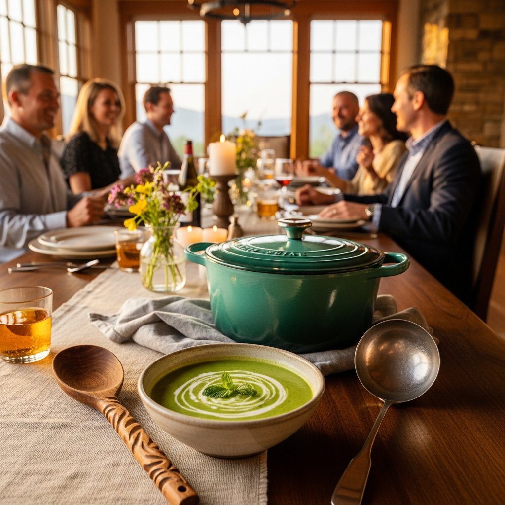 A gorgeous single-view lifestyle photo of freshly prepared Sweet Pea & Spinach Soup.