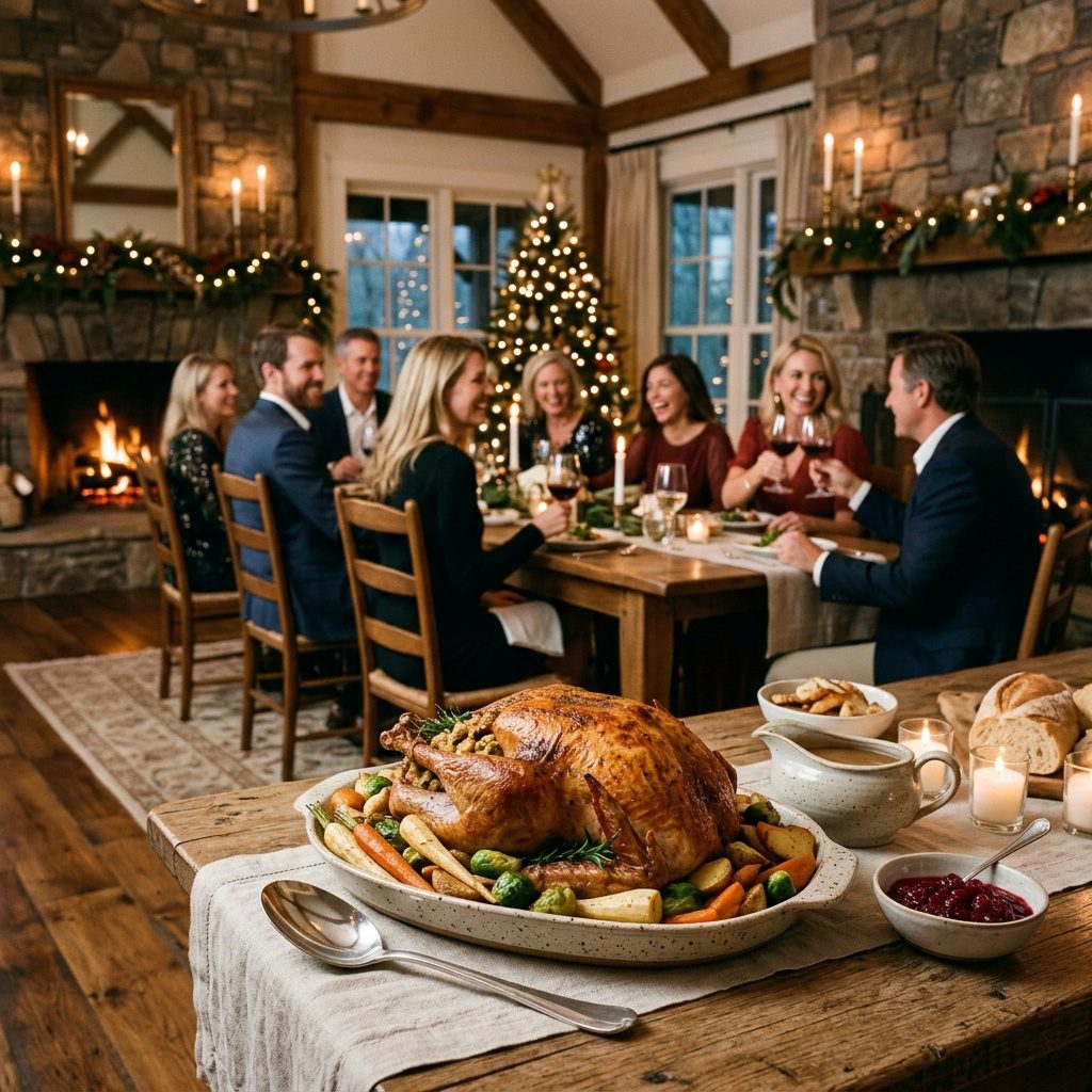 A heavy metal baking sheet, a professional stainless steel fish spatula, and a crystal bowl of tarragon caper sauce in sharp focus in the foreground, with an elegant holiday dining room gathering of four Caucasian couples blurred in the background