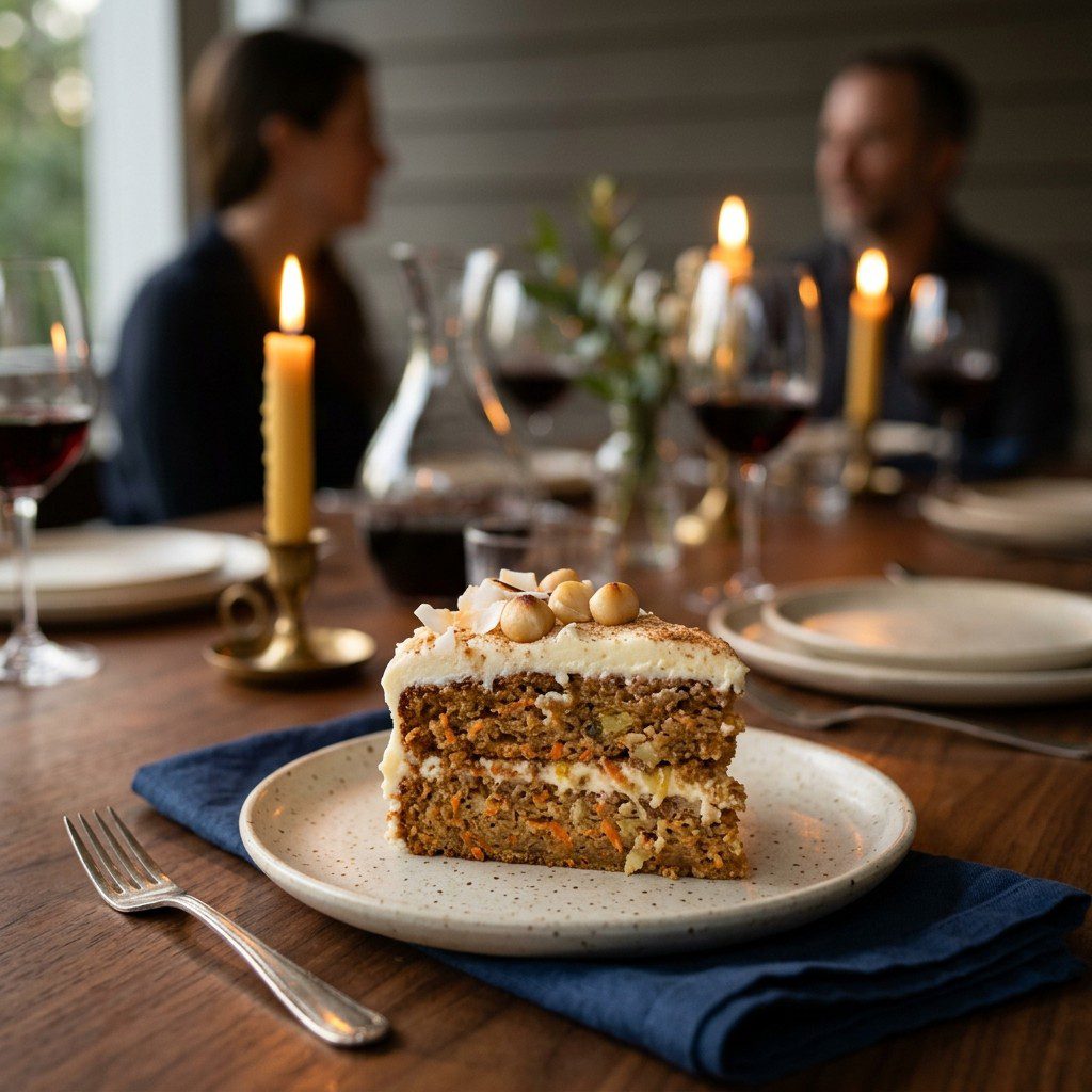 Tropical Carrot & Macadamia Nut Cake plated and served on an estate table