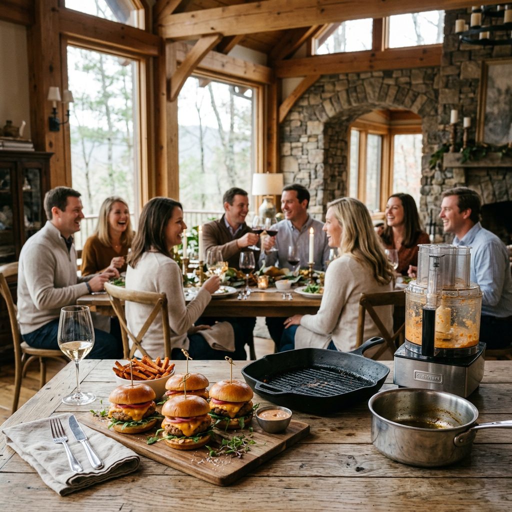A heavy cast-iron grill pan, professional stainless steel grilling tongs, and a glass bowl of extra pimento cheese in sharp focus in the foreground, with an elegant softly lit evening gathering of four Caucasian couples blurred in the background