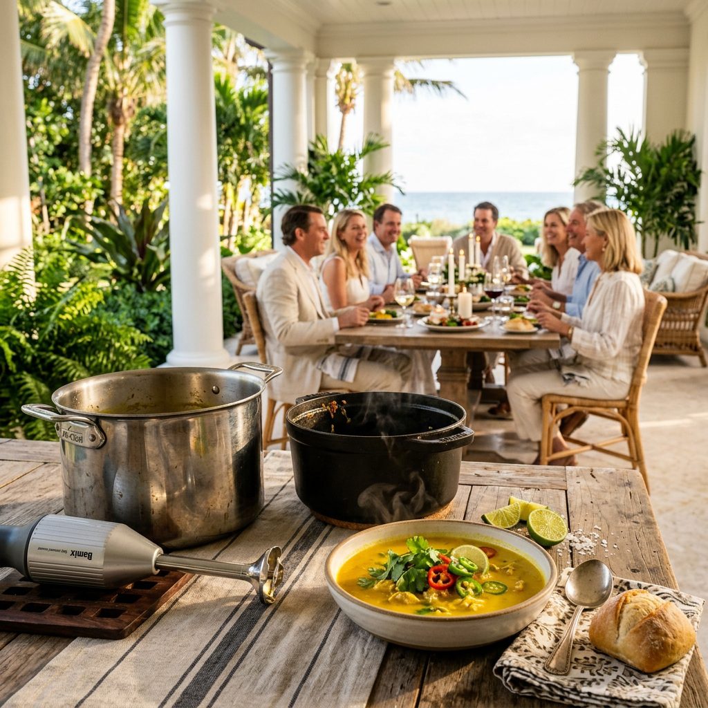 A heavy stainless steel soup pot, an immersion blender, and a silver soup ladle in sharp focus in the foreground, with a blurred background showing a cozy dining nook gathering