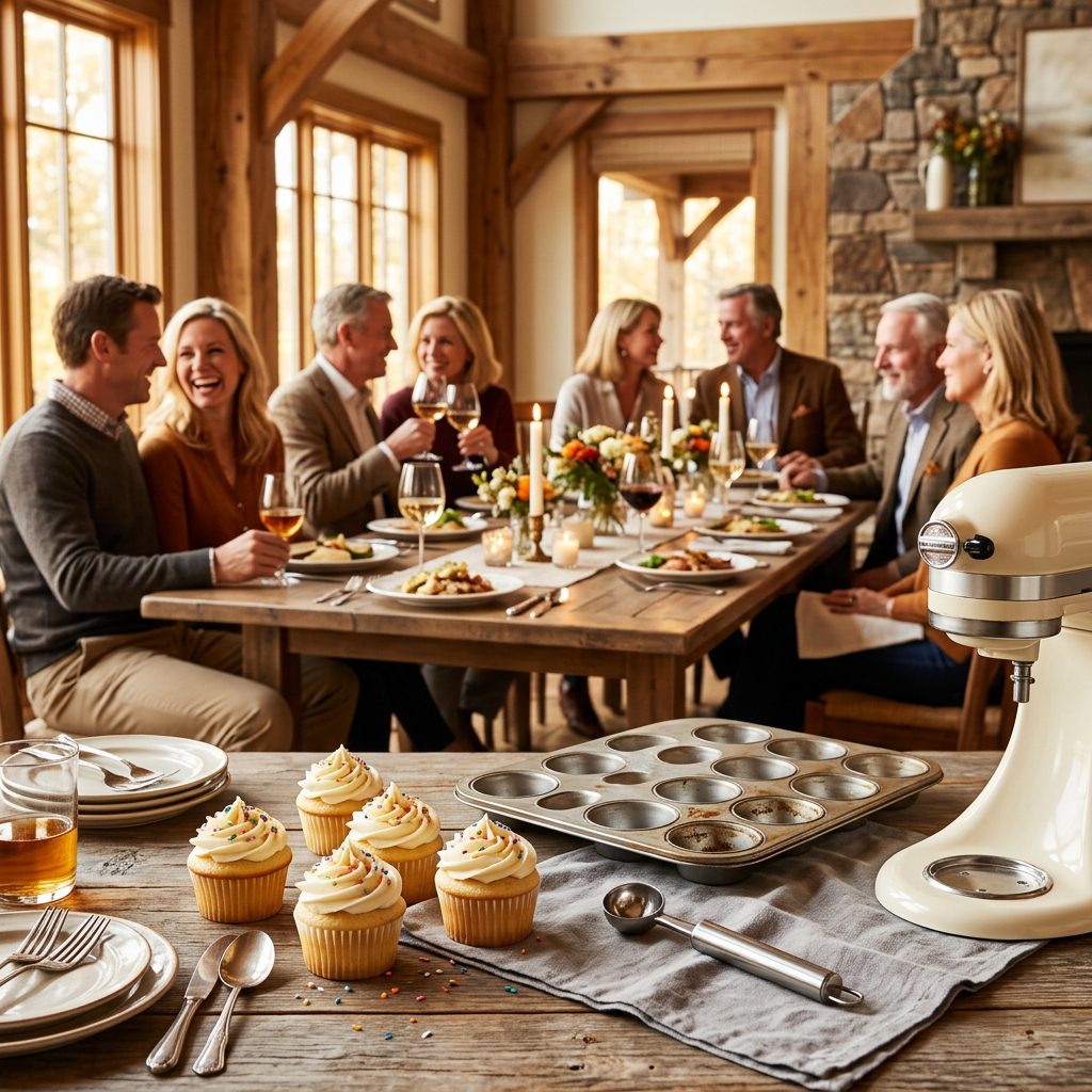 A stainless steel melon baller, piping bag, and a metal muffin tin in sharp focus in the foreground, with an elegant afternoon gathering of women blurred in the background