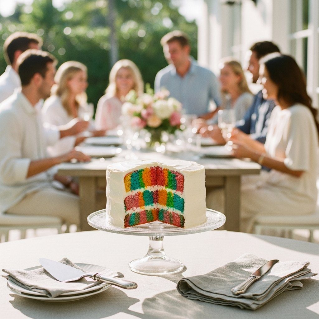 A gorgeous single-view lifestyle photo of freshly prepared Vibrant Kaleidoscope Layer Cake.