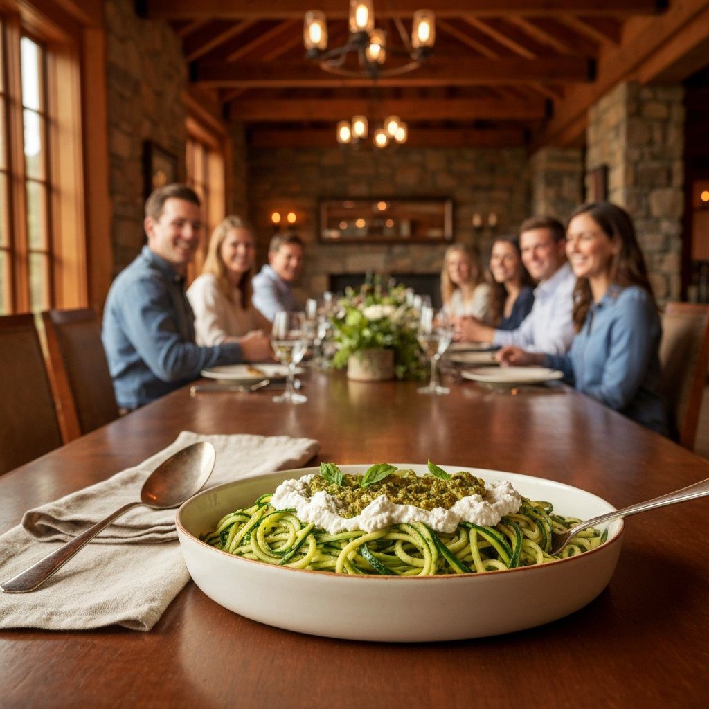 A gorgeous single-view lifestyle photo of freshly prepared Zucchini Noodles with Pesto and Ricotta Cheese.