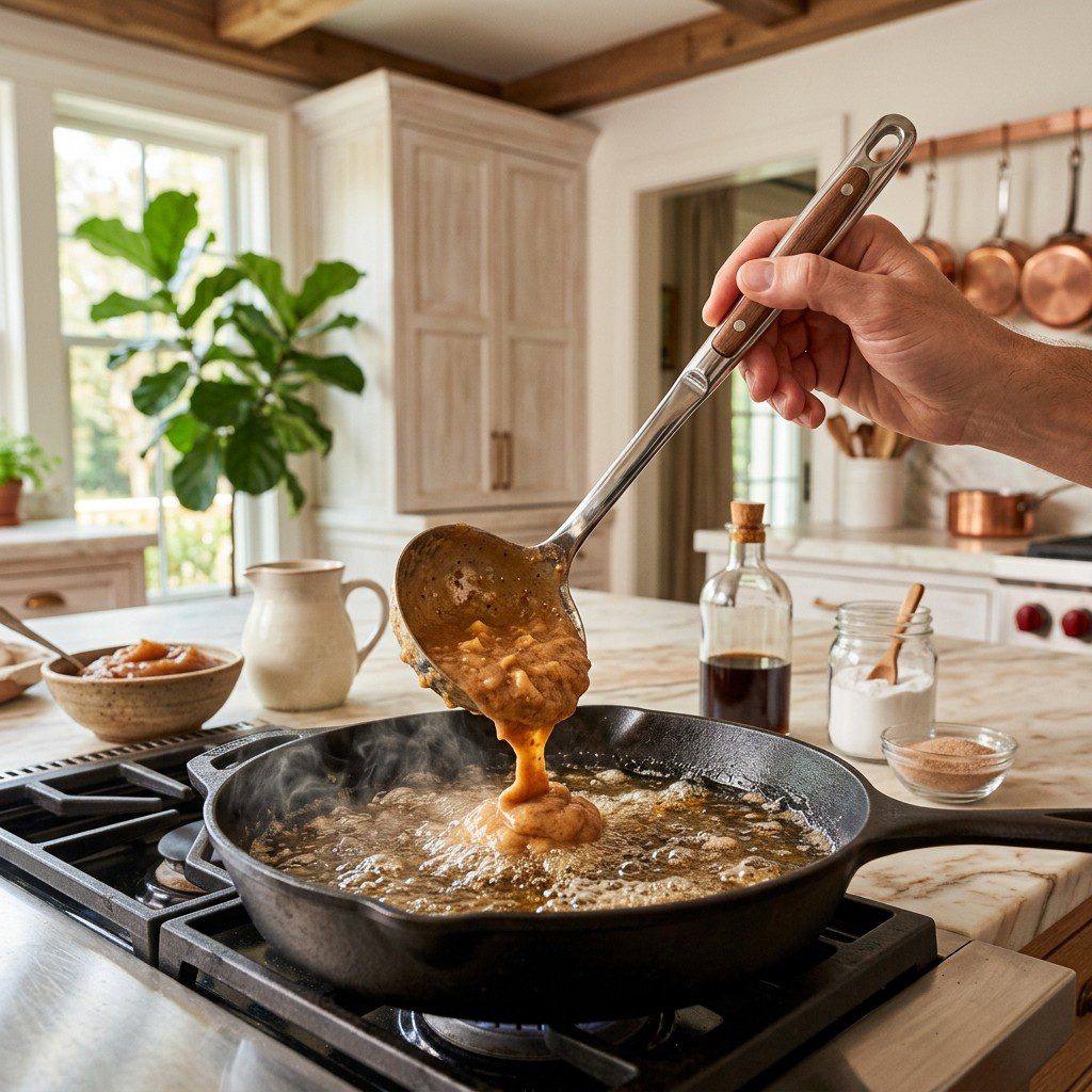 Home cook prepared steps for assembling and cooking Apple Cider Donut Holes with Cinnamon Sugar and Caramel Sauce.