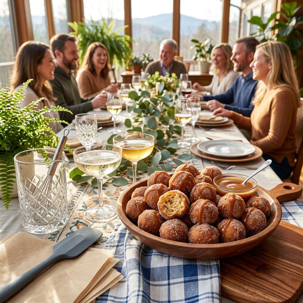 An appetizing, fresh serving of cooked Apple Cider Donut Holes with Cinnamon Sugar and Caramel Sauce displayed beautifully on a styled dining table.