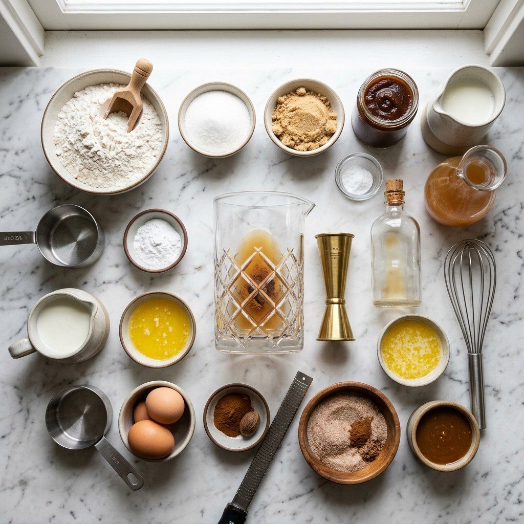 Raw cooking ingredients for Apple Cider Donut Holes with Cinnamon Sugar and Caramel Sauce arranged beautifully on a clean kitchen counter.