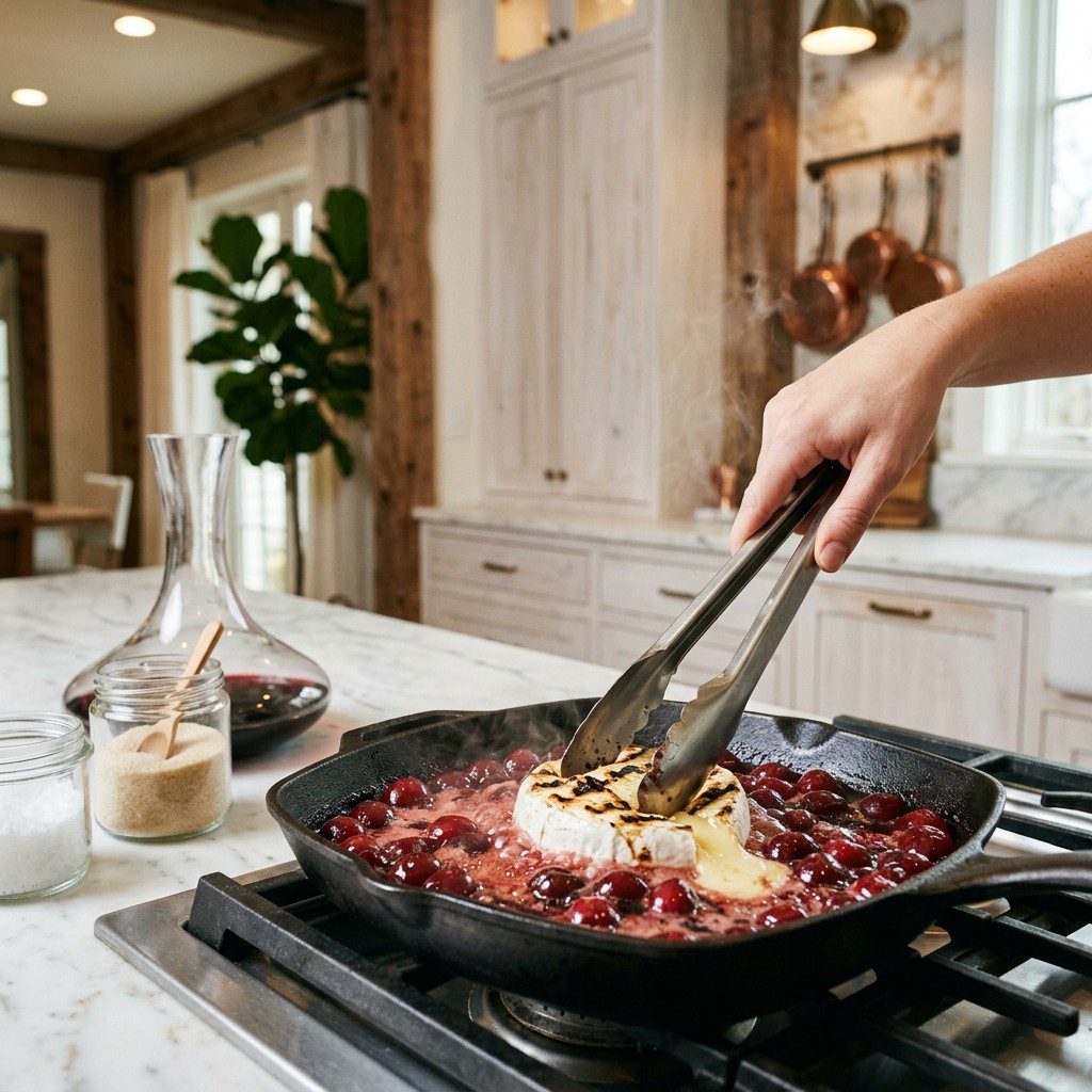 Home cook prepared steps for assembling and cooking Baked Brie with Cherries Poached in Wine.
