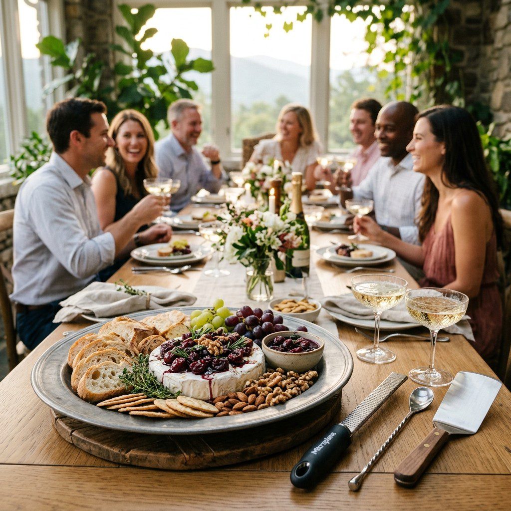 An appetizing, fresh serving of cooked Baked Brie with Cherries Poached in Wine displayed beautifully on a styled dining table.